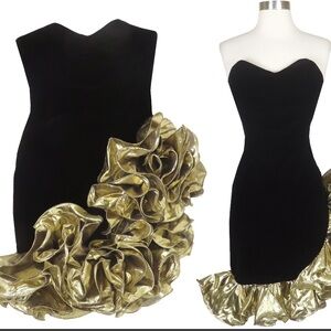 Elegant Black and Gold Strapless Prom Cocktail Holiday NYE Dress